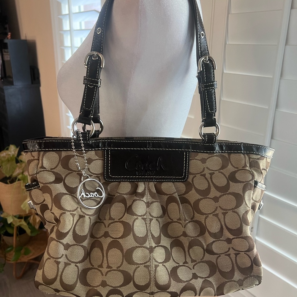 Coach Tan and Black Signature Shoulder Bag